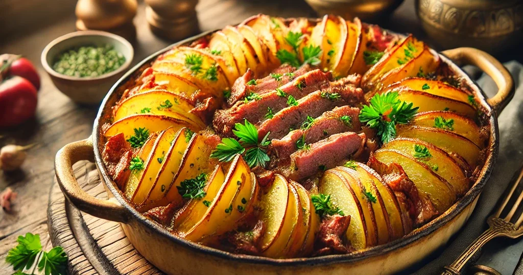 DALL·E 2024-09-15 23.31.00 – A beautifully presented dish of baked potato with meat in a traditional casserole. The dish is golden brown with layers of tender potato slices and ju