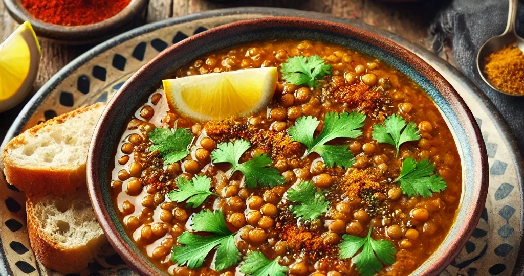 DALL·E 2024-09-19 00.47.56 – A bowl of Moroccan spiced lentil soup served hot, with a rich, earthy color. The soup is topped with a drizzle of olive oil, chopped cilantro, and a s