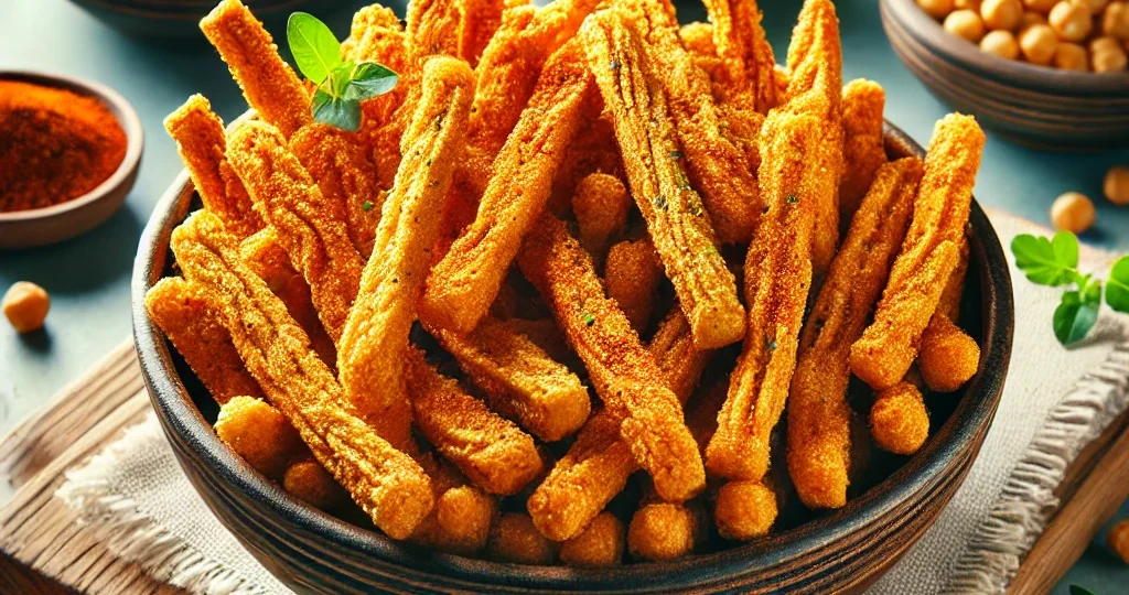 DALL·E 2024-09-23 12.02.14 – A detailed and vibrant image of crispy chickpea sticks served in a bowl, resembling a healthy alternative to chips. The chickpea sticks are golden bro