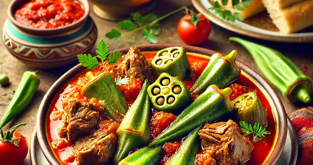 DALL·E 2024-09-23 20.03.15 – A beautifully presented Egyptian dish of bamia (okra) with tender lamb, served in a deep bowl. The dish features vibrant green okra pods cooked in a r