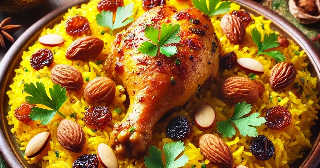 DALL·E 2024-09-26 20.10.41 – A vibrant and flavorful dish of saffron chicken and rice, beautifully presented on a large plate. The golden-yellow rice is infused with saffron, mixe