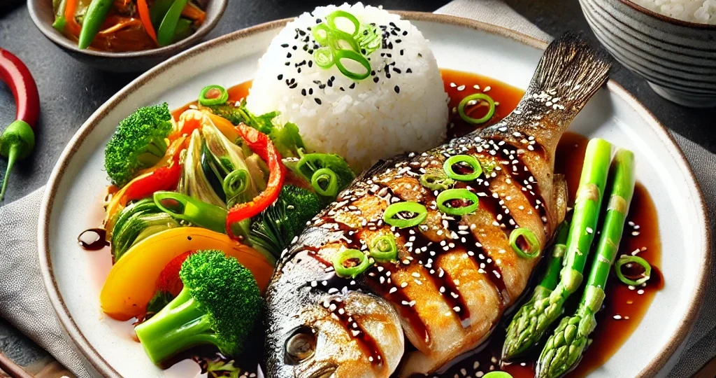 DALL·E 2024-09-30 00.35.17 – A beautifully plated dish of Asian-style grilled fish, garnished with a soy-ginger sauce, green onions, and sesame seeds. The fish is served on a clea